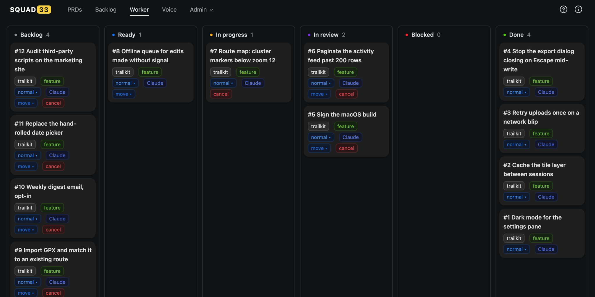 The Squad33 board: tickets across Backlog, Ready, In progress, In review, Blocked and Done.