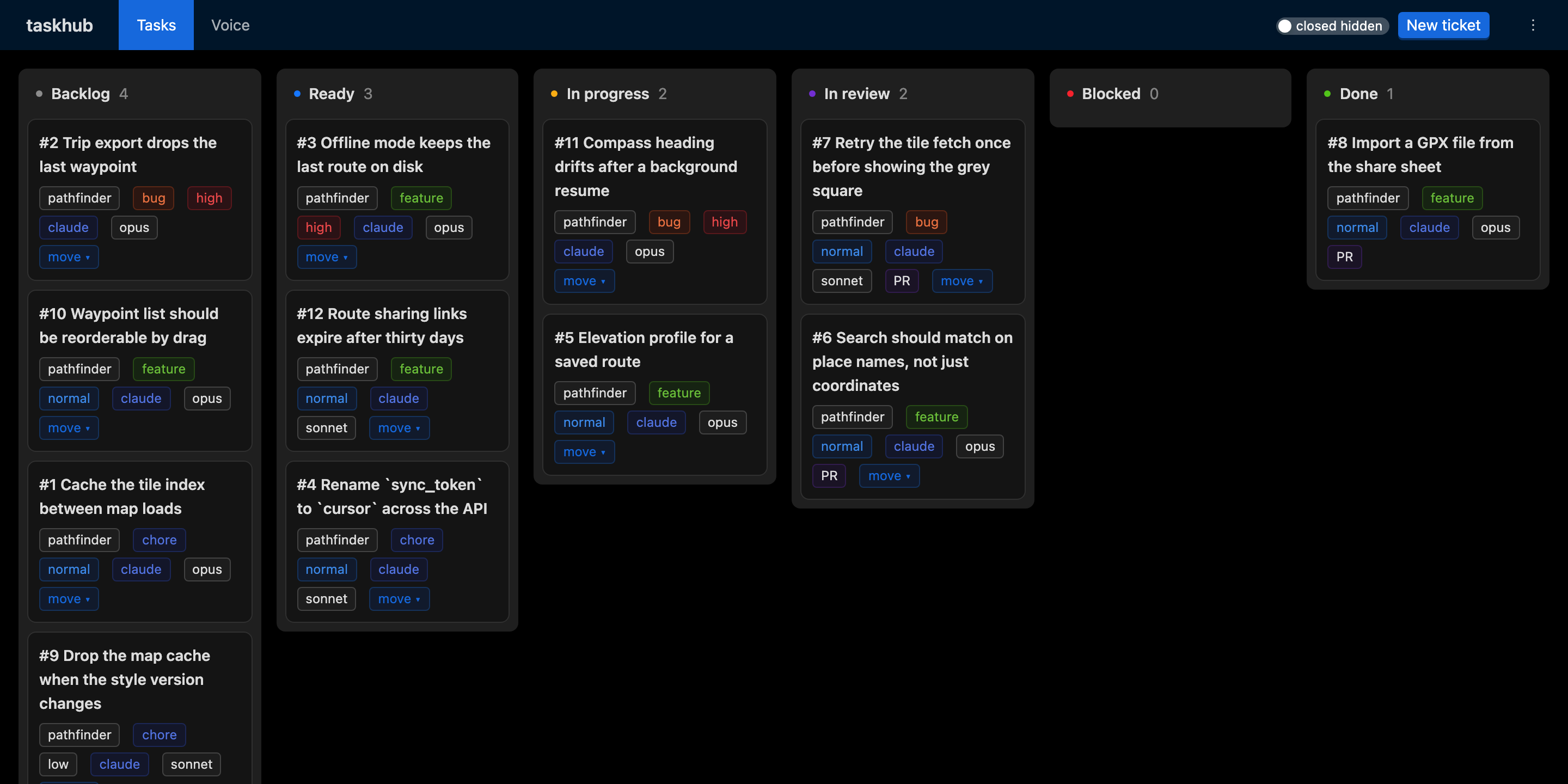 The taskhub board on a Mac: tickets across Backlog, Ready, In Progress, In Review and Done.